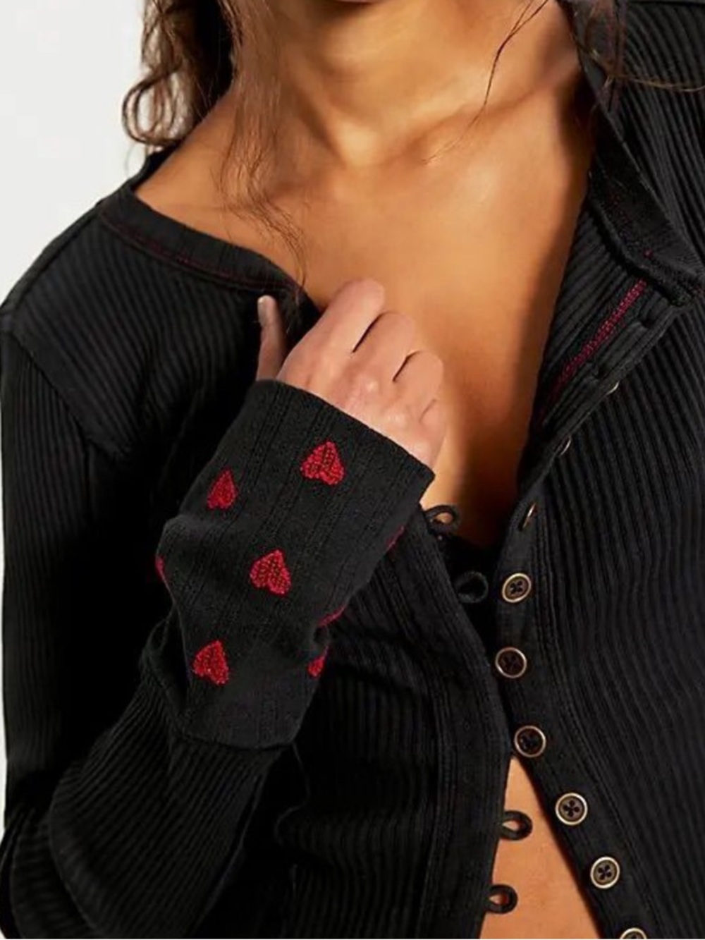 Free People We The Free Daria Cuff Cardi Long Sleeve Top with Red Heart Cuffs
